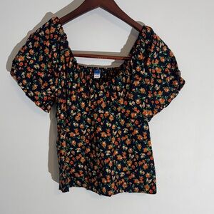 Old Navy Scoop Neck Floral Puff Sleeve Blouse - Navy and Orange